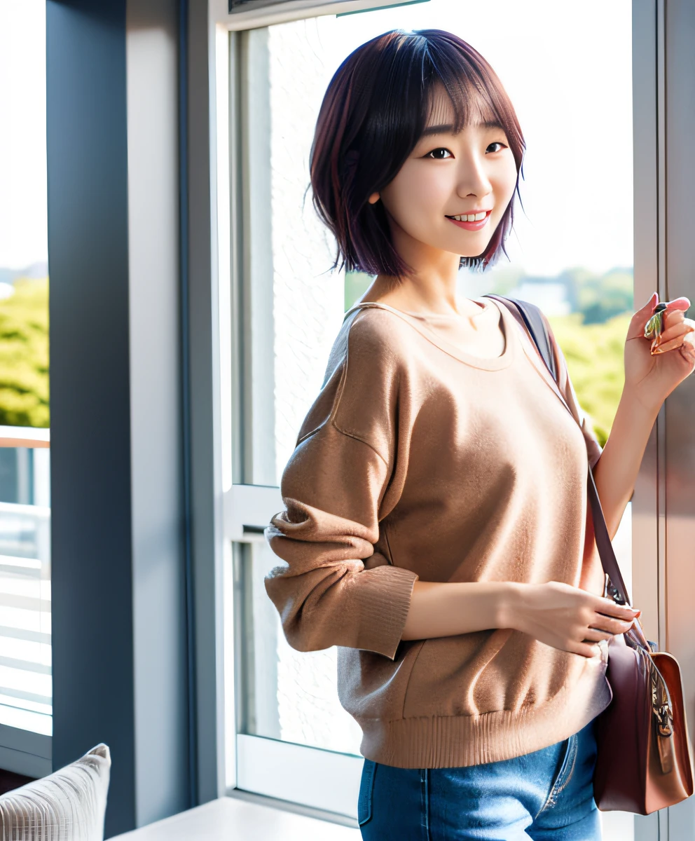 Woman in Alafe standing in front of window with purse, casual clothing style, korean female fashion model, fully body photo, full body cute young lady, ( Side ) profile, With short hair, style of yoshii chie, chiho, bae suzy, cute casual streetwear, cute-style, Kawaii Style, dressed casually, casual modern clothing