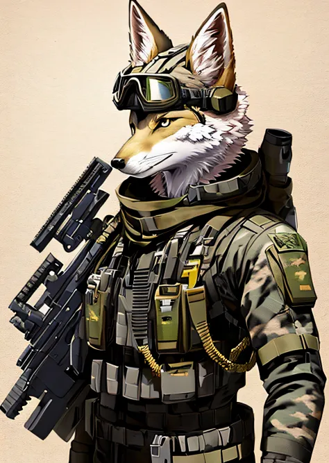 1boy, male focus, solo, military, camouflage, humanoid, goggles, weapon, furry
