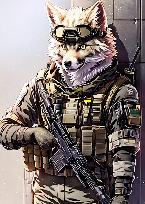 1boy, male focus, solo, military, camouflage, humanoid, goggles, weapon, furry