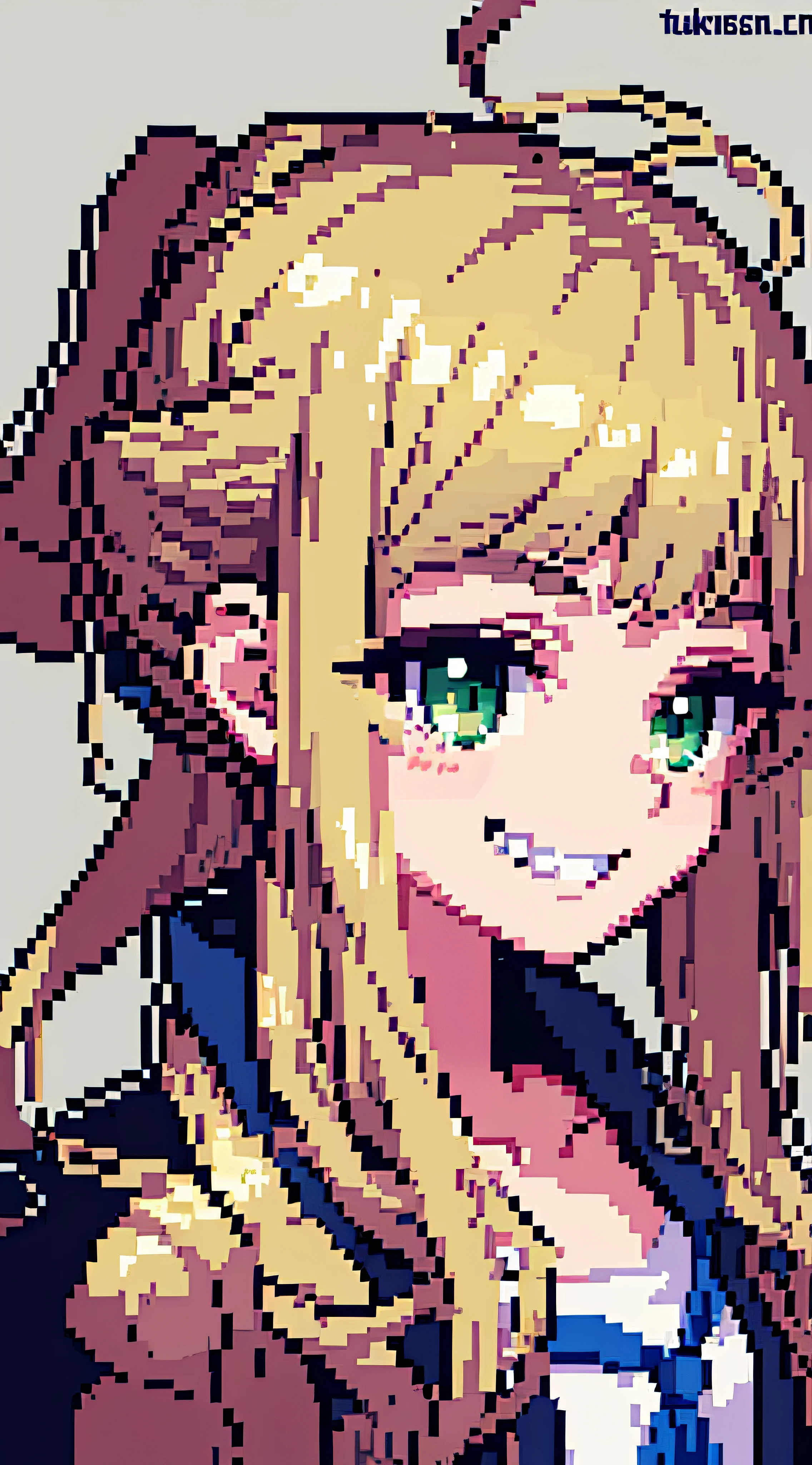 HCNON, pixel art, Meisterwerk, pixel, 1 Mädchen, Porträt, beige blonde hair, leicht braunes Haar, grüne Augen, , , nur Gesicht, Betrachter betrachten, Profilbild, lächeln, Grinsen, tsundere, Ahoge, Anime-Stil, Niedlich, einfacher Hintergrund, grauer Hintergrund