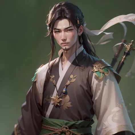 a close up of a young man in his 30's with brown eyes and brown hair, a hero in wuxia style, handsome guy, martial artist holdin...