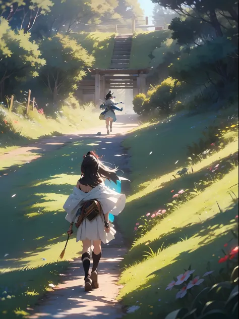 Makoto Shinkai, Dog Tail Grass, Blown Grass, Pick Dye, Magic, Imperial Sister, Nine-Tailed Fox, Story Graphics, Action Pose, Octane Rendering, Intricate Details, Intricate Hair, High Quality, Masterpiece