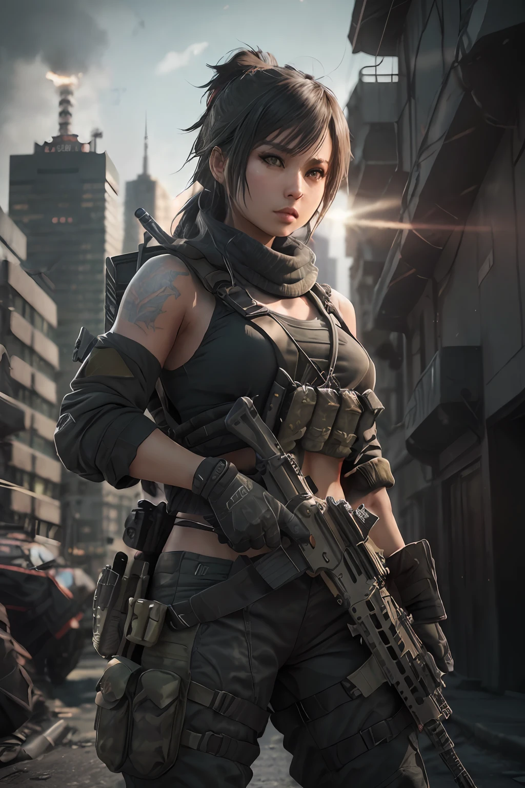 octane render, hdr, (hyperdetailed:1.3), (frontal soft light, sharp:1.2), Final Fantasy X Yuna in a city at war, (armed wirh M4 assault carbine), ((Call of Duty style)), military outfit, firey, (cool colors), explosions, (cinematic), (urban warfare), (dynamic pose), (cel-shaded)front_view, looking at viewer, masterpiece, best quality,