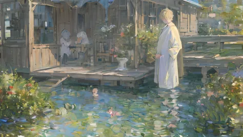 ((Masterpiece,Best quality,Detailed,Two boy，Walk in water，With his head bowed，Monet，wooden cabin)) 8K, cinematic ligh，Blonde hai...