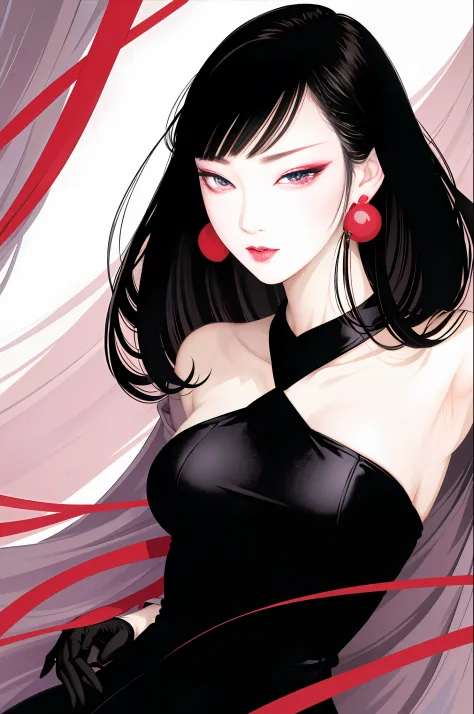 tsuruta ichiro, Narrow-eyed, 1girl in, Allback、short-hair、shorth hair、brow、Reluctance、A dark-haired、Tucked Hair Solo, Cowgirl, Onepiece,  ((mideum breasts)),  Thin slit eyes、Black eyes, Light shines on the eyes、Black hair, gloves, Dress,  Luxurious Jewelry...