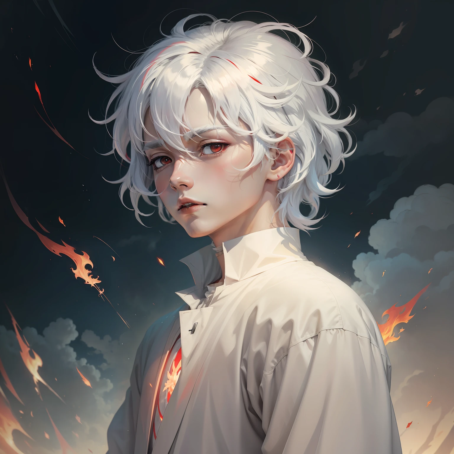 anime boy , white hair , red flames