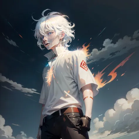 anime boy , white hair , red flames