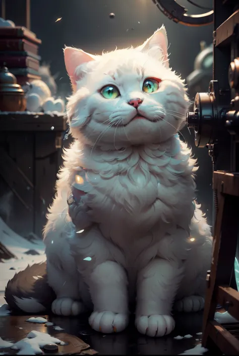 A cute chubby cat god in white gray and light yellow, with light and bright fur, Bright dark green pupils,close-up, Steampunk personification, Artstation illustrator, complicated details, sunny atmosphere, fresh, bright and warm light, face, full body port...