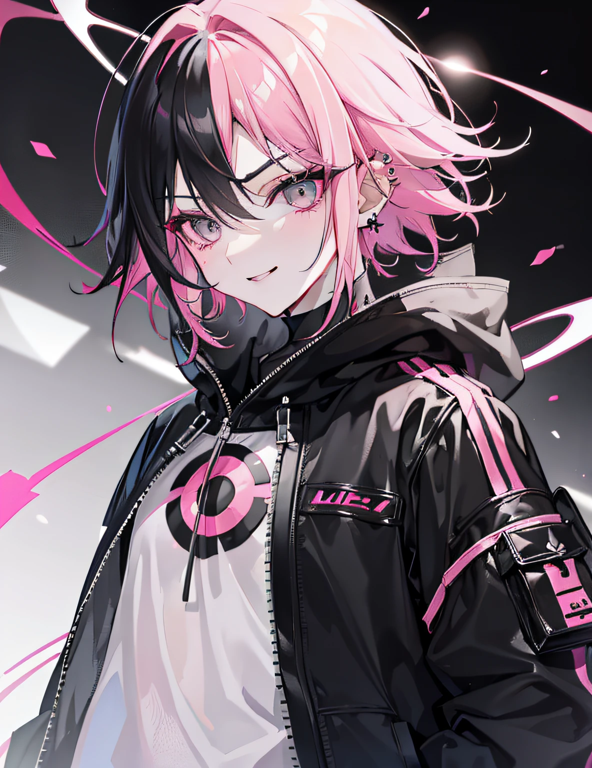 1 person, femboi, ((Pink Hair Color| black hair color)) ,((Black bangs)) Short hair, pink clothes, Black clothes, lip piercing, eyebrow piercing, Nose Piercing, Smile, vulgar,(( 独奏))), Evil eyebrows, cheeky, (gray eyes| Black Eyes), Night Street, Hot breath, Black background