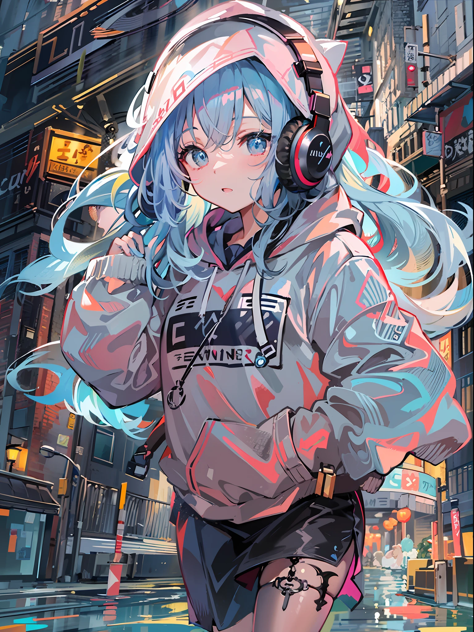8k resolution、((top-quality))、((​masterpiece))、((ultra-detailliert))、1 woman、solo、incredibly absurdness、Oversized hoodies、headphones、Street、plein air、Sateen、neons、Shortcut Hair、Brightly colored eyes、Hands in pockets、a miniskirt、water dripping