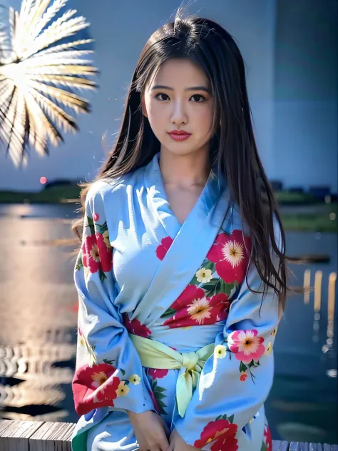 Photo quality、An ultra-high picture quality、8k、32k、Arafe asian woman in kimono sitting on shelf on fireworks background, in a ki...