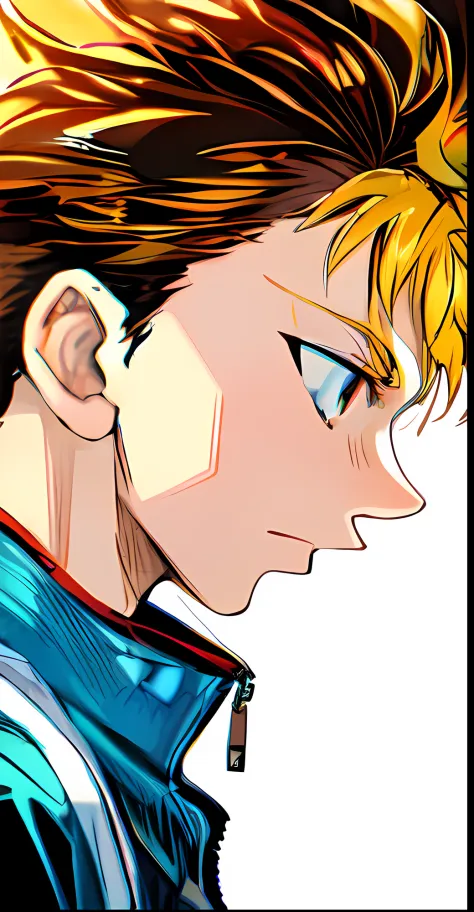 the blonde anime boy stares at something from the side, jacket, side view, color comic, manga color, color comic, colored manga ...