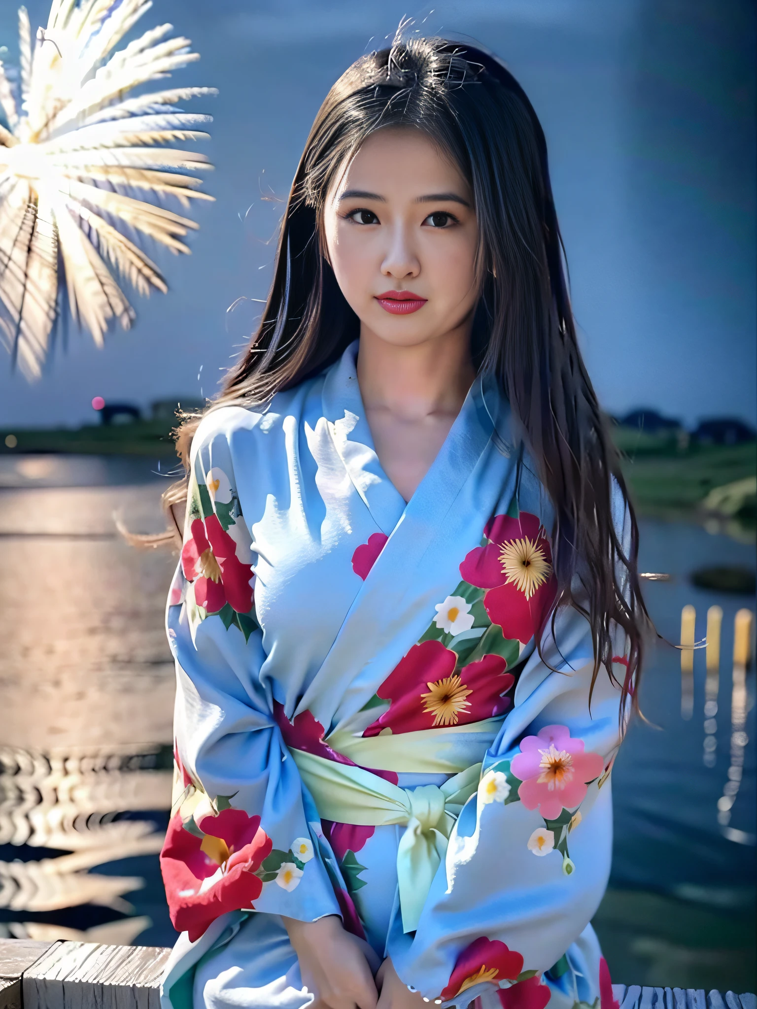 Arafe asian woman in kimono sitting on shelf on fireworks background, in a kimono, in a kimono, shinsui ito, portrait of a japanese teen, by Torii Kiyomoto, Young Gravure Idol, bath robe, wearing royal kimono, Wearing kimono, Wearing a colorful yukata, Young Pretty Gravure Idol, the face of a beautiful Japanese girl
