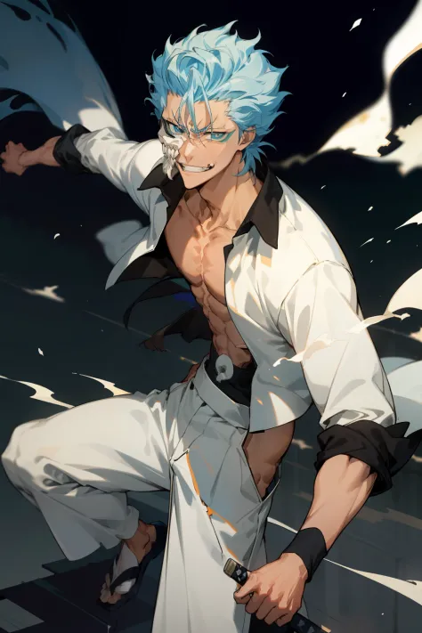 masterpiece, best quality, 1boy, grimmjow jaegerjaquez, at night, night, low light, natural light, fighting pose, white pants,  ...