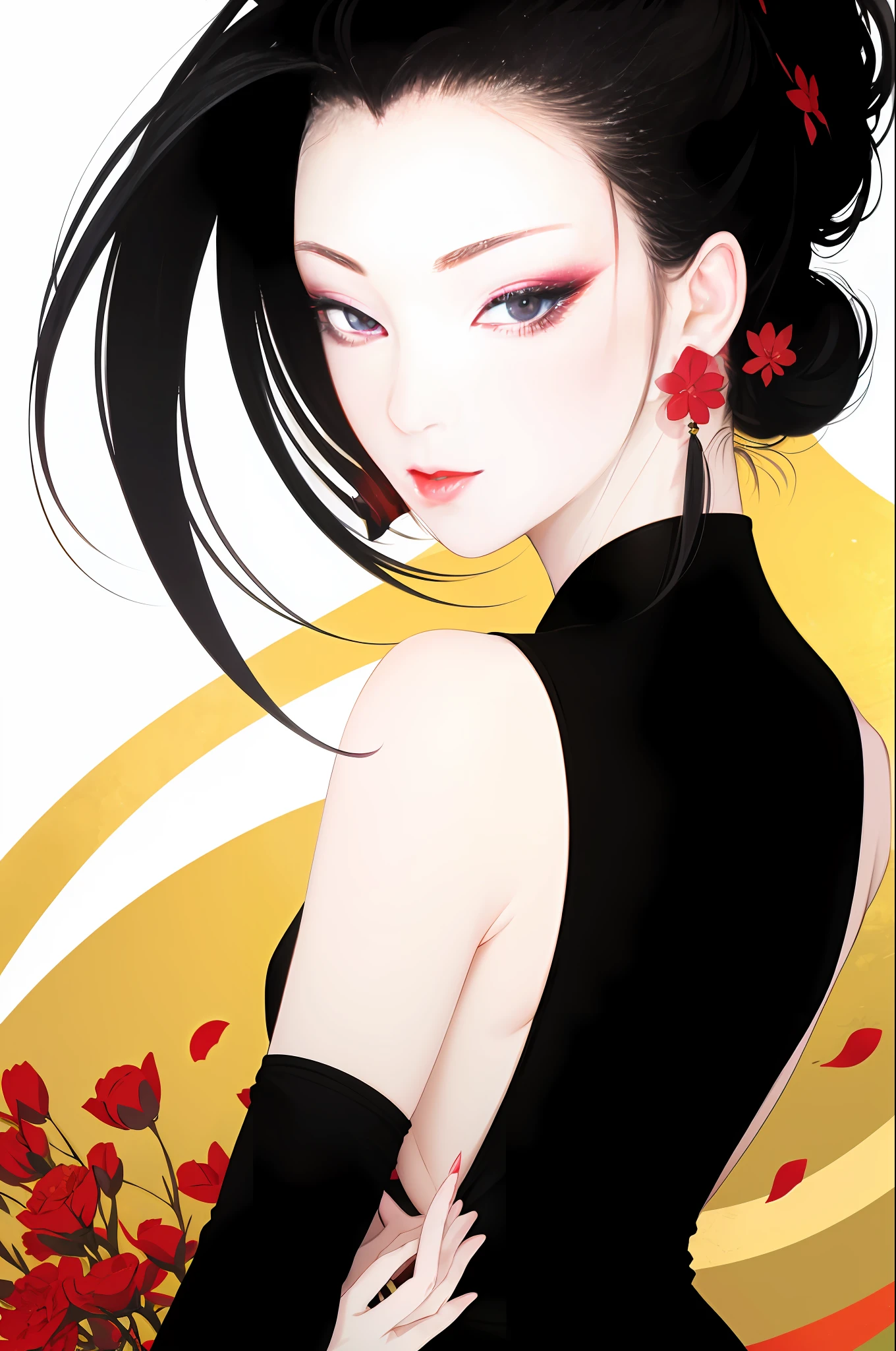 tsuruta ichiro, Narrow-eyed, 1girl in, Allback、deadpan、short-hair、shorth hair、brow、Reluctance、A dark-haired、Tucked Hair Solo, Cowgirl, Onepiece,  ((mideum breasts)),  Thin slit eyes、Black eyes, Light shines on the eyes、Black hair, gloves, Dress,  Luxurious Jewelry, earrings, sharp eye、 elbow groves,Raise your hands and tie your hair back, random color, random color dress,  Makeup for long eyes, Slender eyes、lip stick, Complex petal pattern, Rim Light, Back Light, pastel color,Studio Lighting