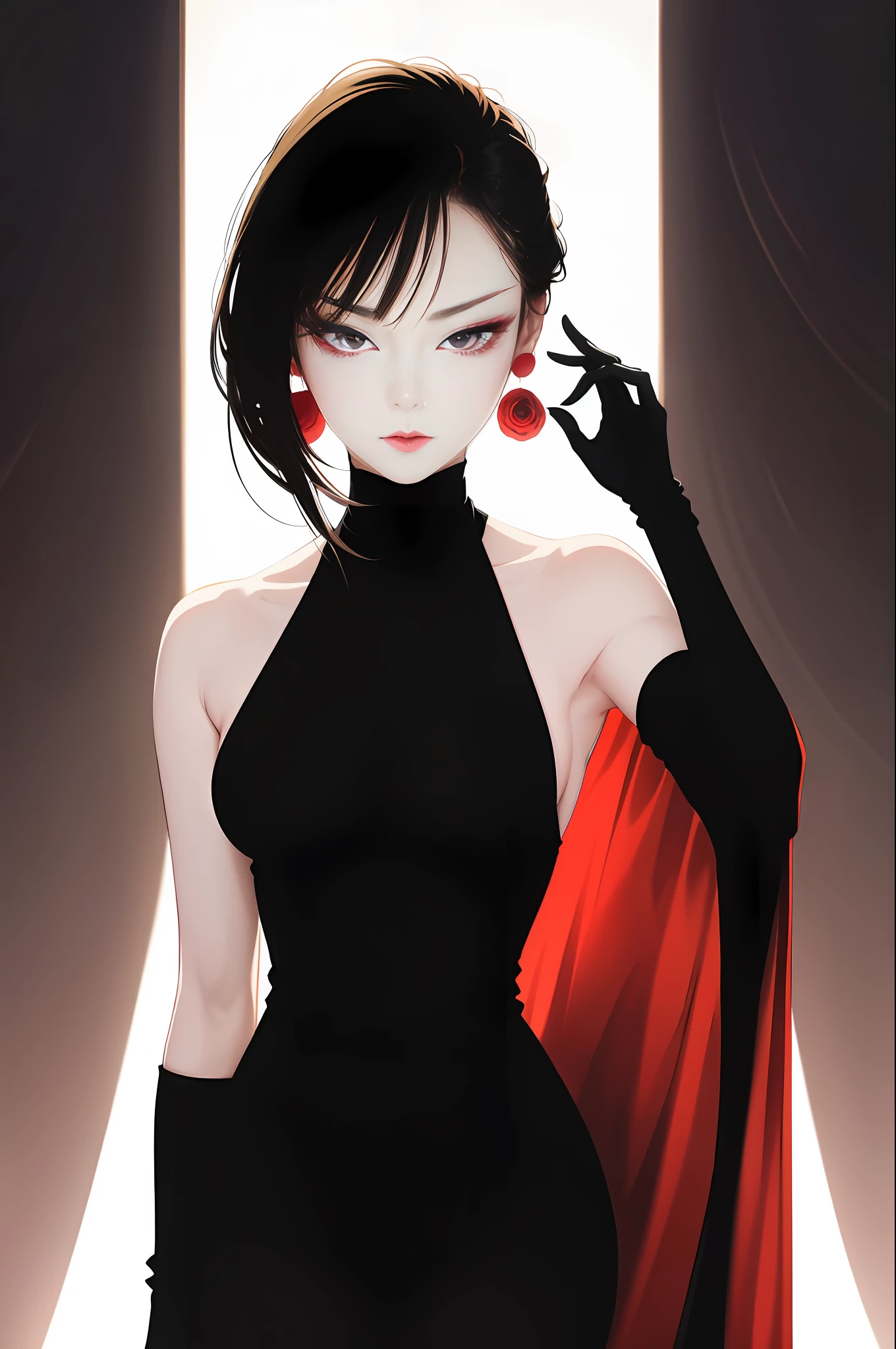 tsuruta ichiro, Narrow-eyed, 1girl in, Allback、deadpan、short-hair、shorth hair、brow、Reluctance、A dark-haired、Tucked Hair Solo, Cowgirl, Onepiece,  ((mideum breasts)),  Thin slit eyes、Black eyes, Light shines on the eyes、Black hair, gloves, Dress,  Luxurious Jewelry, earrings, sharp eye、 elbow groves,Raise your hands and tie your hair back, random color, random color dress,  Makeup for long eyes, Slender eyes、lip stick, Complex petal pattern, Rim Light, Back Light, pastel color,Studio Lighting