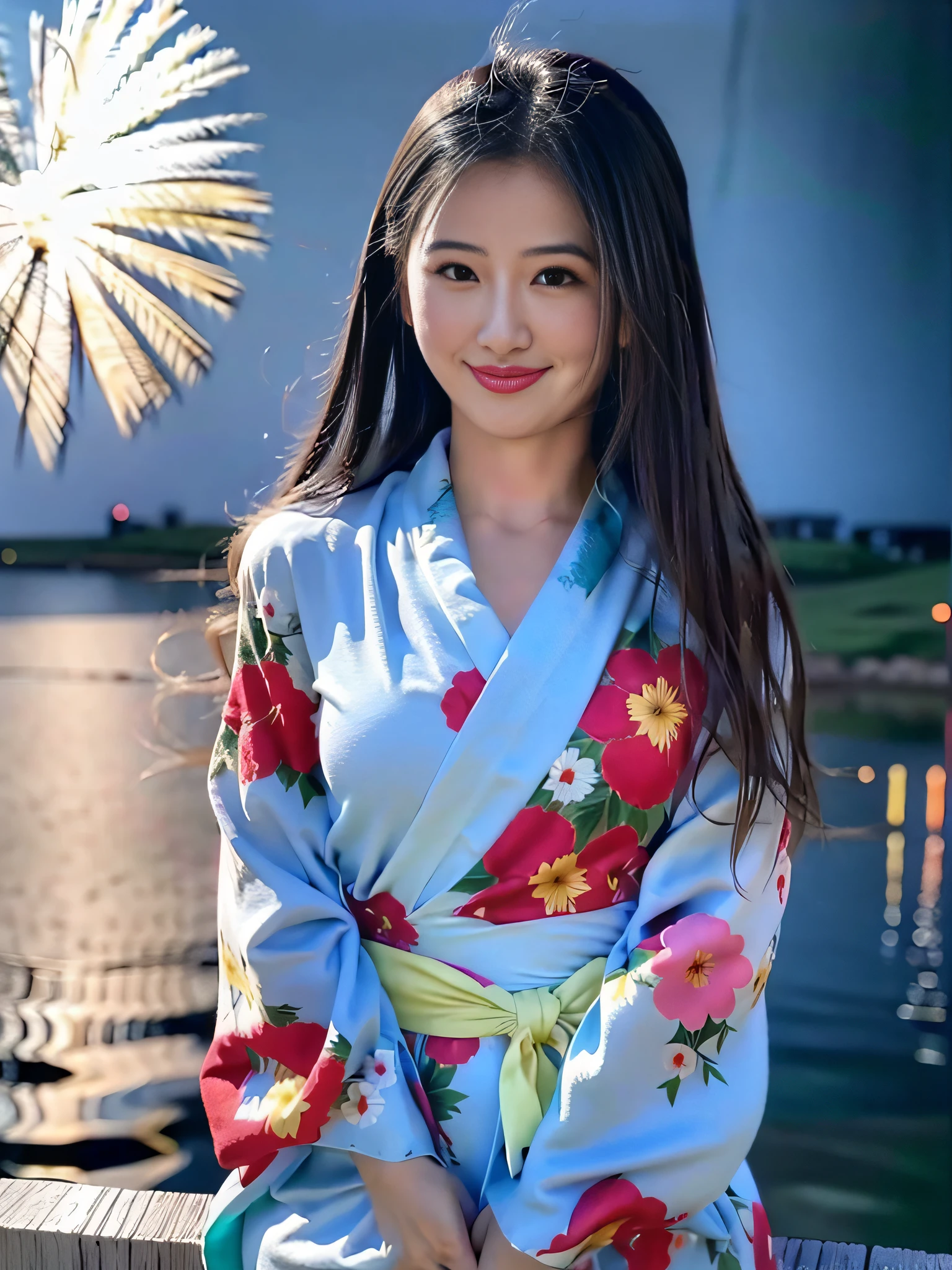 Photo Quality、An ultra-high picture quality、8K、32K、Arafe asian woman in kimono sitting on shelf on fireworks background, in a kimono, in a kimono, shinsui ito, portrait of a japanese teen, by Torii Kiyomoto, Young Gravure Idol, bath robe, wearing royal kimono, Wearing kimono, Wearing a colorful yukata, Young Pretty Gravure Idol, the face of a beautiful Japanese girl、a smile