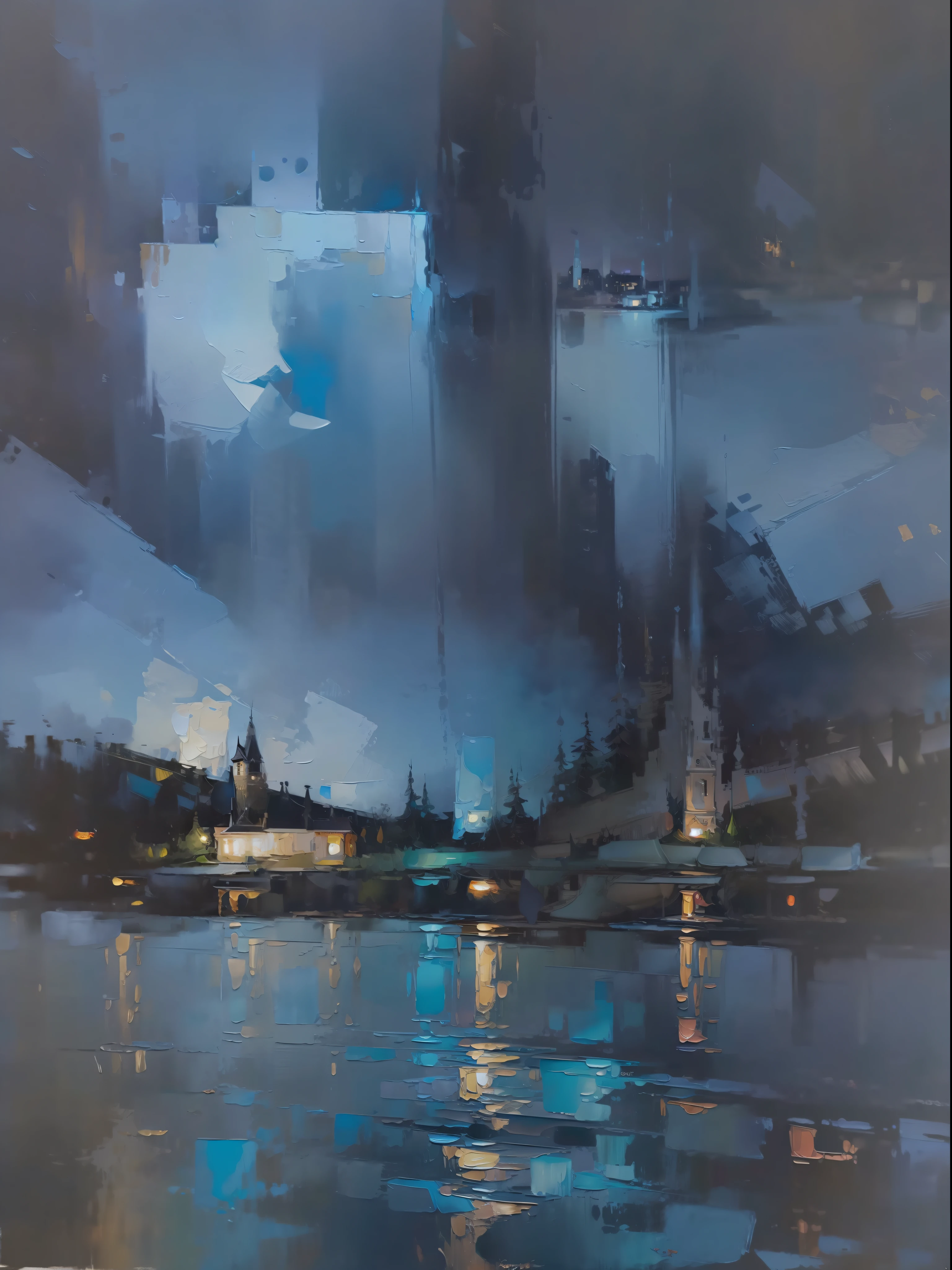 una pintura al óleo，con hermosos colores，Efecto de pintura al óleo abstracta bajo un oscuro cielo estrellado.。La imagen representa un castillo de noche.，Sigue el camino sinuoso，Un pequeño río serpentea a través。