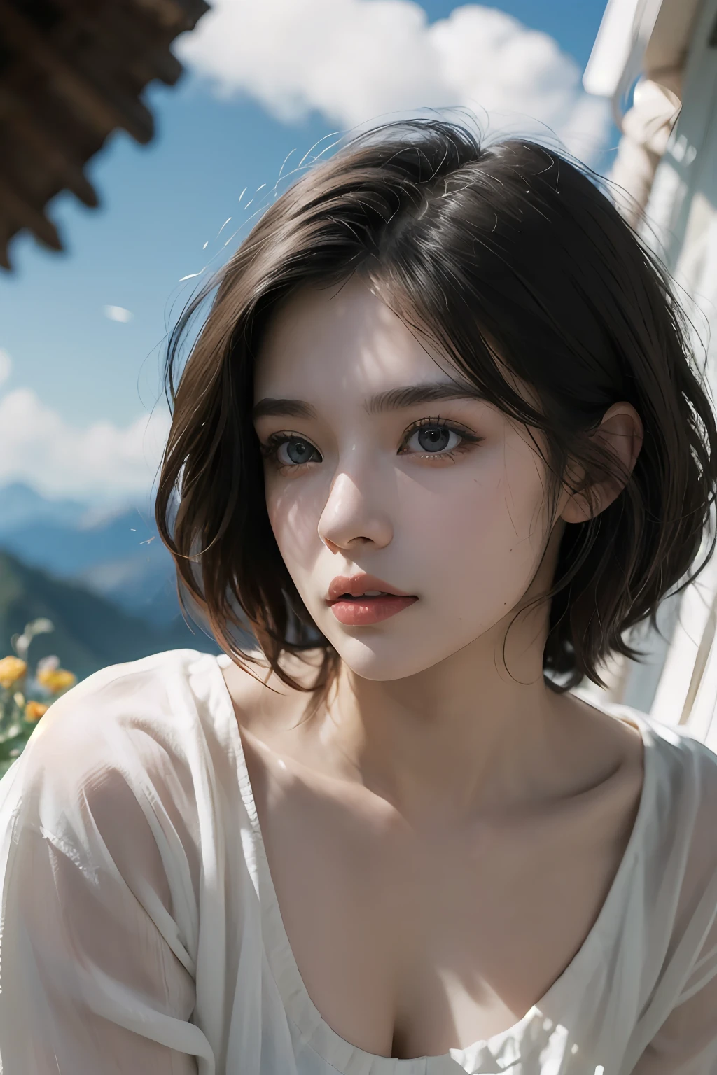 ((styled:Pure+ultra-realistic realism)，White skin texture，eyes with brightness)，lightand shade contrast，high textured，ultra HD picture quality，tall nose bridge，dynamic angle，Clouds and mountains，Flower field prospects，Light tracing，realisticlying，offcial art，Unity 8k壁纸，ultra - detailed，Beautiful and beautiful，tmasterpiece，best qualityer，Glowing skin，cinmatic lighting，full bodyesbian，Side Body，naturey。