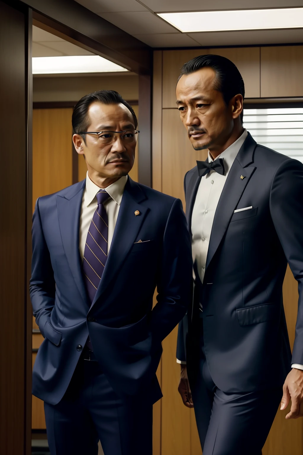 45 yers old，Hidetoshi Nakata，（Kogoro Mouri 1.3），Shirtless，Tong，Bulge，office room，Thin，musculature，lbeard，fortitude，artwork of a，tmasterpiece，k hd，Tong，The two looked at each other，，Business suit，Lower body leggings，stooped