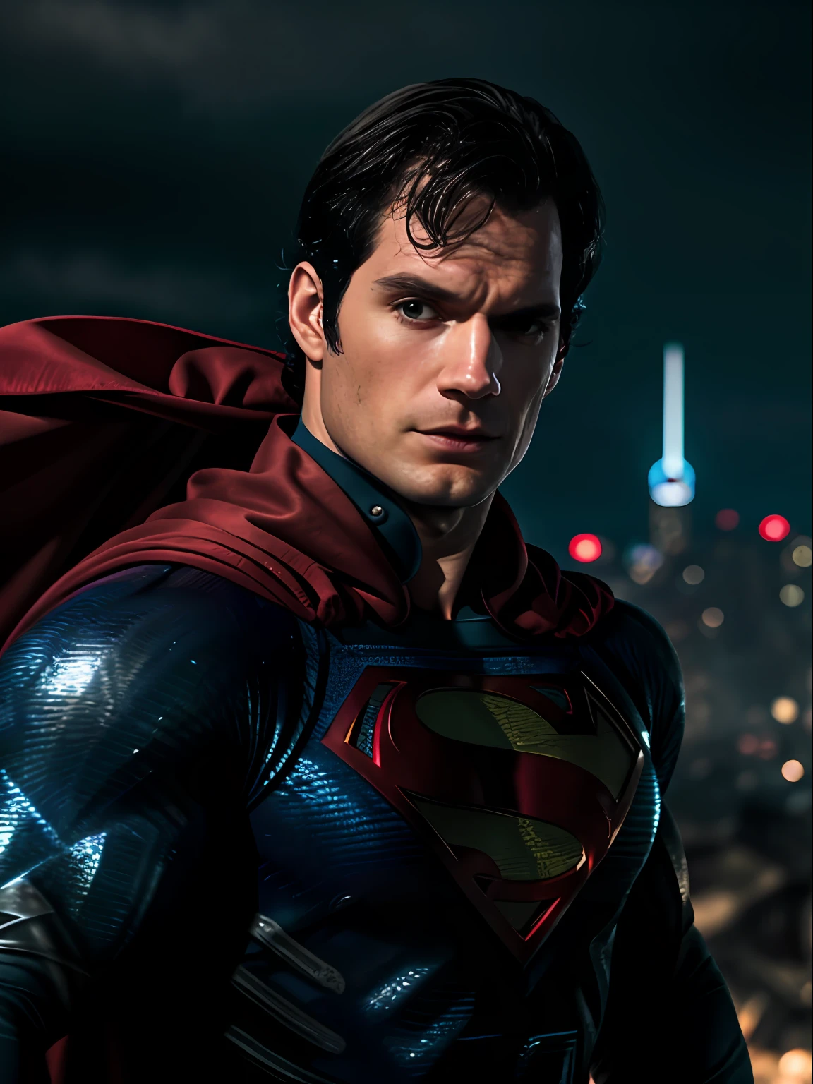 1 man, solo, Henry Cavill as Superman, 40s year old, all blue and red details suit, bare hands, big red S symbol on the chest, red cape, strain of hair covering forehead, short cut hair, tidy hair, tall, manly, hunk body, strong, ((muscular male)), ((muscular legs)), ((very mascle)), wide shoulder, straight face, black hair, best quality, high resolution:1.2, masterpiece, photorealism, dark background, detailed suit, detailed face, upper body shot, crossed arms, runic city in the background
