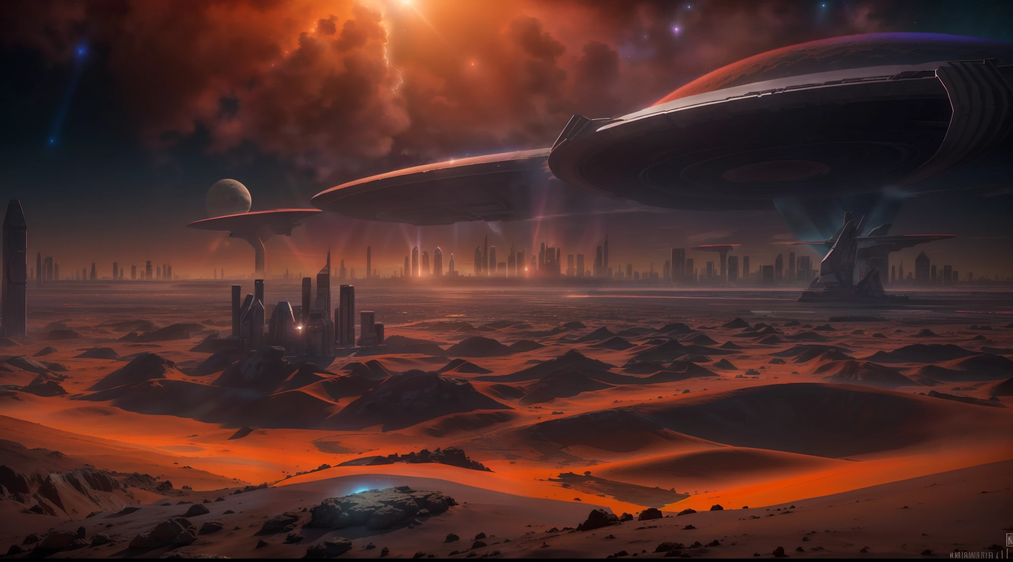 A wide landscape photo, pan, (view from afar, The sky is above and the open field is below), in the distance a large futuristic city on Mars, city cyberpunk, Spaceships fly over the city, (fullmoon: 1,2), dim sky, dark starry night, (Meteor: 0,9), (nebula: 1,3 ), distant mountains , sand dunes, (warm light: 1.2), (stele: 1.2), lights, lot of purple and orange, details Intricate, volumetric lighting BREAK (Masterpiece artwork: 1.2), (best qualityer), (extremely detailed 8k wallpaper), photo realism, octane render, NVIDIA ray tracing, 4K, ultra detaild, (dynamic compositing: 1.4), Rich in Details and Color, (rainbow color: 1.2), (sheen, Atmospheric Illumination), dreamy, magica.