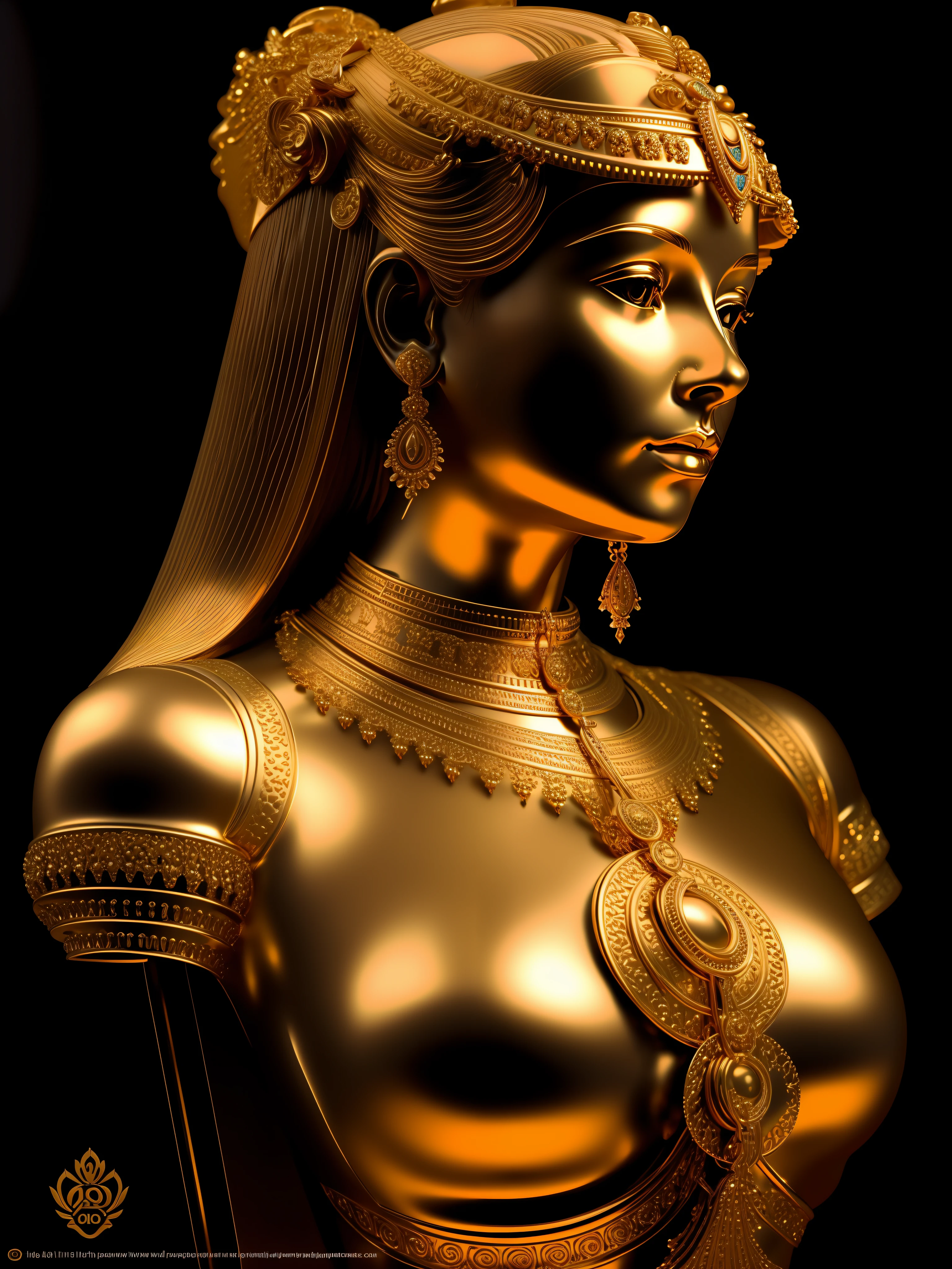 a closeup of a golden statue of a woman with a crown, goddess. extreme hight detail, cleopatra portrait, Retrato da goddess 3D, tiro extremamente detalhado da goddess, sculpture made of gold with a ruby grid on the chest, beautiful cleopatra, retrato close-up da goddess, Um retrato impressionante de uma goddess, Retrato de uma bela goddess, cinematic goddess close shot, 3 d goddess minerva, cleopatra portrait