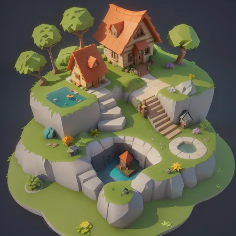 a close up of a small house on a small island, stylized 3d render, 3 d render stylized, isometric 3d fantasy cute house, stylized as a 3d render, stylized 3 d, polycount contest winner, low - poly 3 d model, isometric 3d fantasy, cute 3 d render, videogame...