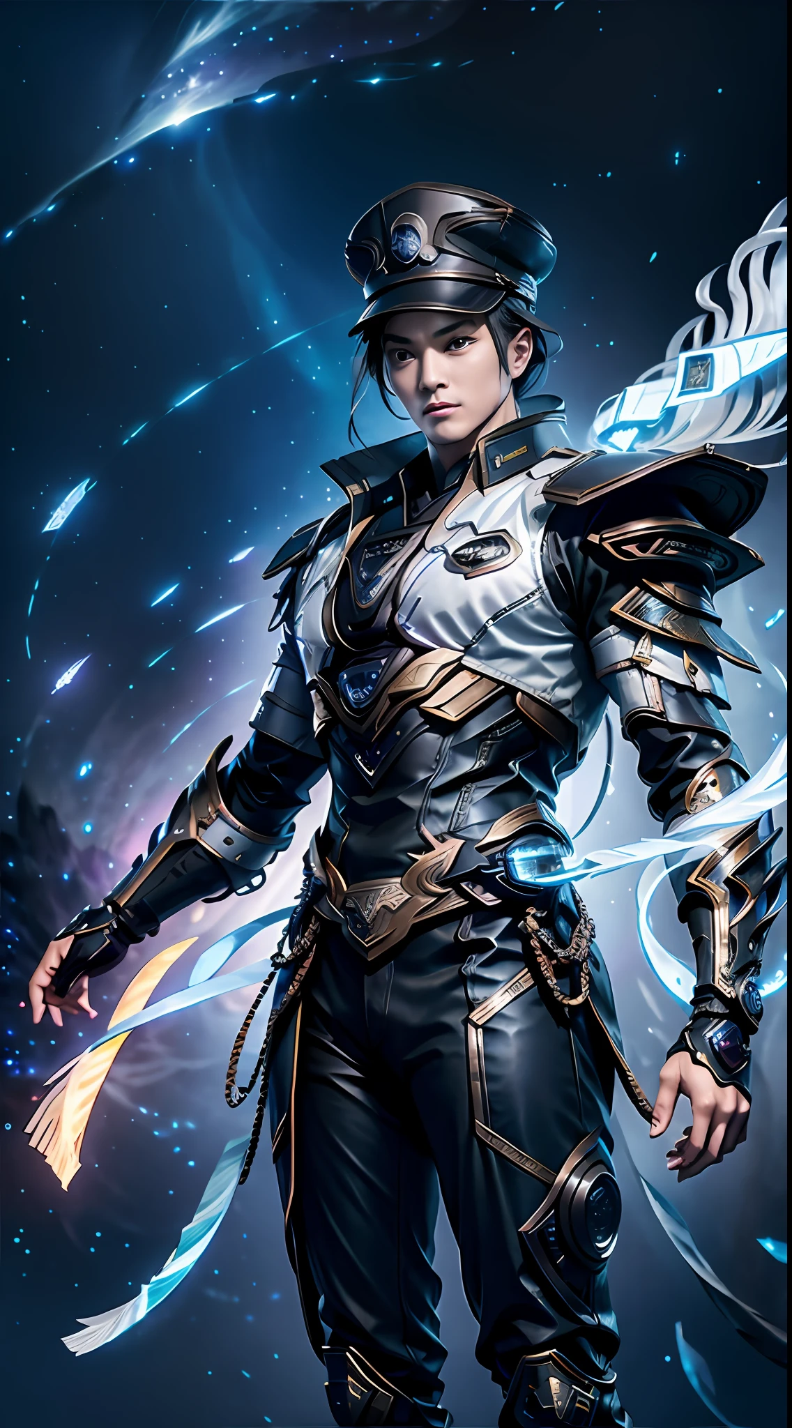 Handsome and intelligent man with short hair（Zhuge Liang's），（Grandma Gray）the hair，Straight posture，Consistent with human anatomy，Feather fan in hand，The starry sky is under control，（（Xiao black purple）（Plain）1：2，mechs)，Chinese military uniform（Starfleet Commander）  military hat，mages，cyber punk style，Futuristic sci-fi style，tmasterpiece，Highest image quality，Real movie shooting，True skin texture，Enrich the picture，Starlight，The Milky Way as a background，Impactful graphics。