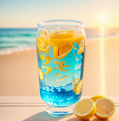 images of the product，filled cola，light and composition for studio shooting，the background is the sea，lemons，relaxed，rays of sun...