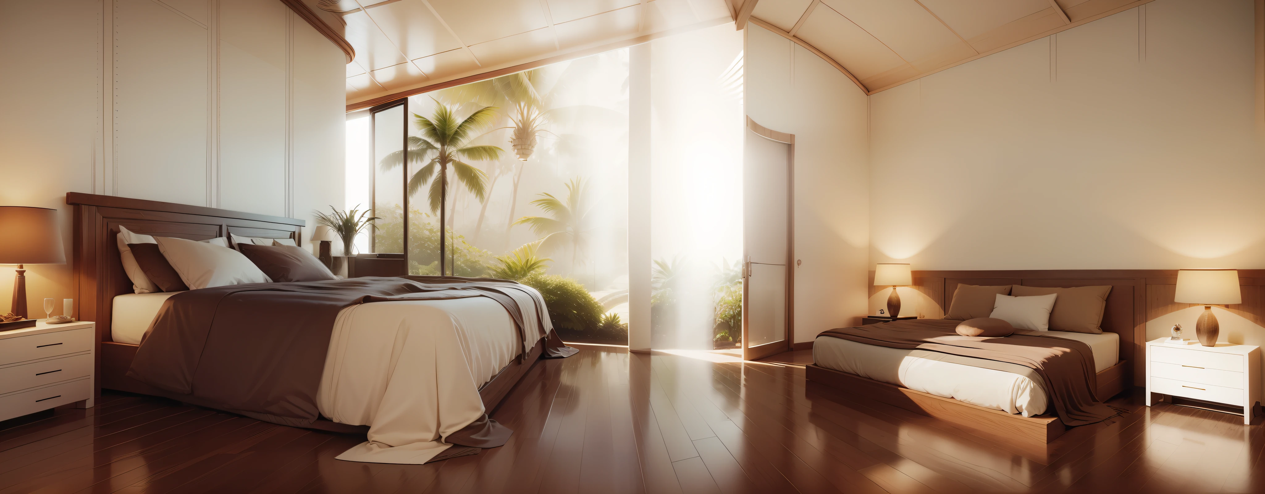 surreal corridor with curved wooden ceiling and windows, warm light, high quality 4k resolution, stunning tropical garden view,curved wood-paneled ceiling, corridor with trees, low trees, large windows, light shining into the interior