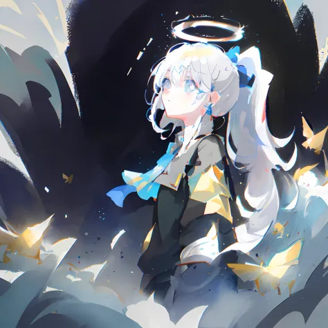 anime girl with angel wings and halo in field，zerochan art，guweiz in pixiv artstation，white-haired god，digital art on pixiv，anim...