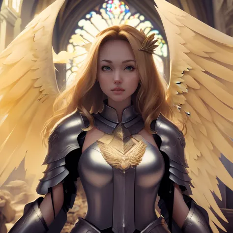 ultra realistic, full body, detailed face, lovely facial features, female archangel, scratched silver armor, runes, full body ar...