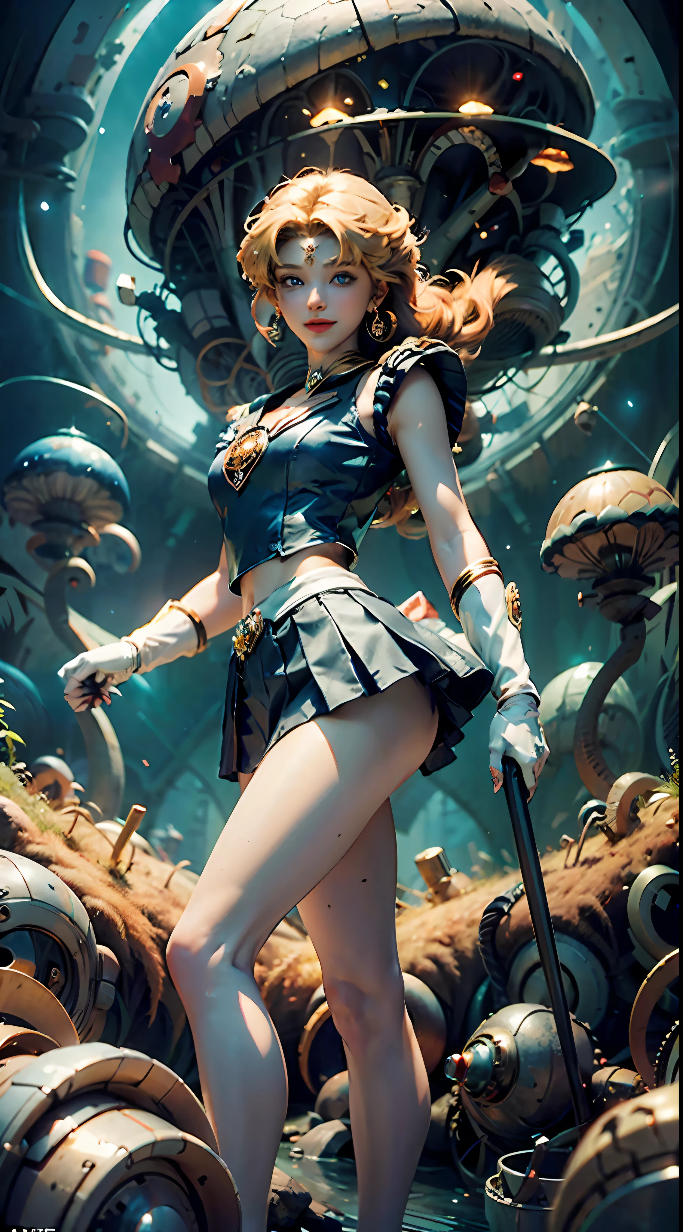 (Extreme detail CG Unity 8K wallpaper, masterpiece, highest quality), (exquisite lighting and shadow, highly dramatic picture, cinematic lens effect), (Sailor Moon: 1.1), charming smile, double tail, blue eyes, blond hair, tight top, white gloves, mini skirt, dynamic pose), the background is the universe (excellent detail, excellent lighting, wide angle), (excellent rendering, enough to stand out in its class),