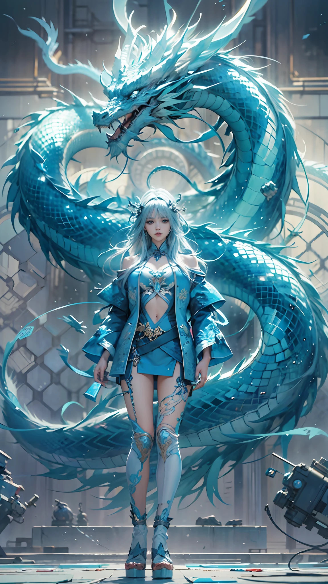 cuerpo completo,una reina,cristal azul,Un dragón chino azul está detrás en ella,iluminación cinematográfica,fantasía,anime hiperrealista,Arte de papel acolchado,Arte en vidrio,(mejor calidad,Detalle extremo:1.5),8k