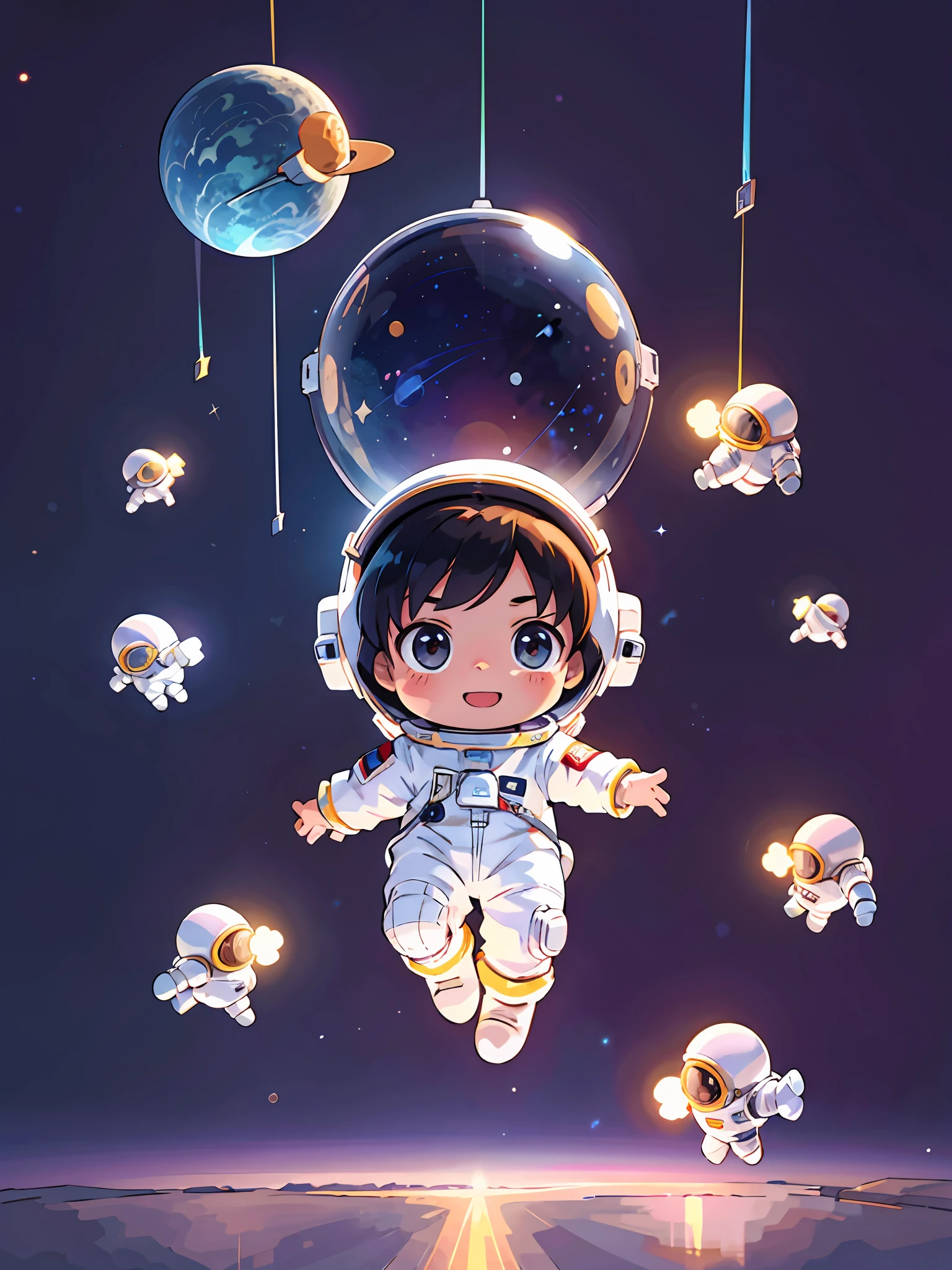 (best-quality:0.8), (best-quality:0.8), Perfect anime illustration，A little boy in a spacesuit，Floating in space，Brunette hair，7 years old，Bright colors，ssmile，looking at viewert，hight contrast，high saturated，space backdrop，awardwinning