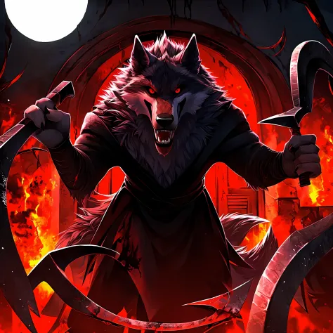 Death wolf is looking at the viewer with his dark red eyes is holding his two scythes they are full of blood horror scene in the background has a house inside is full of blood he just killed the family that lives inside this house and is saying the followi...