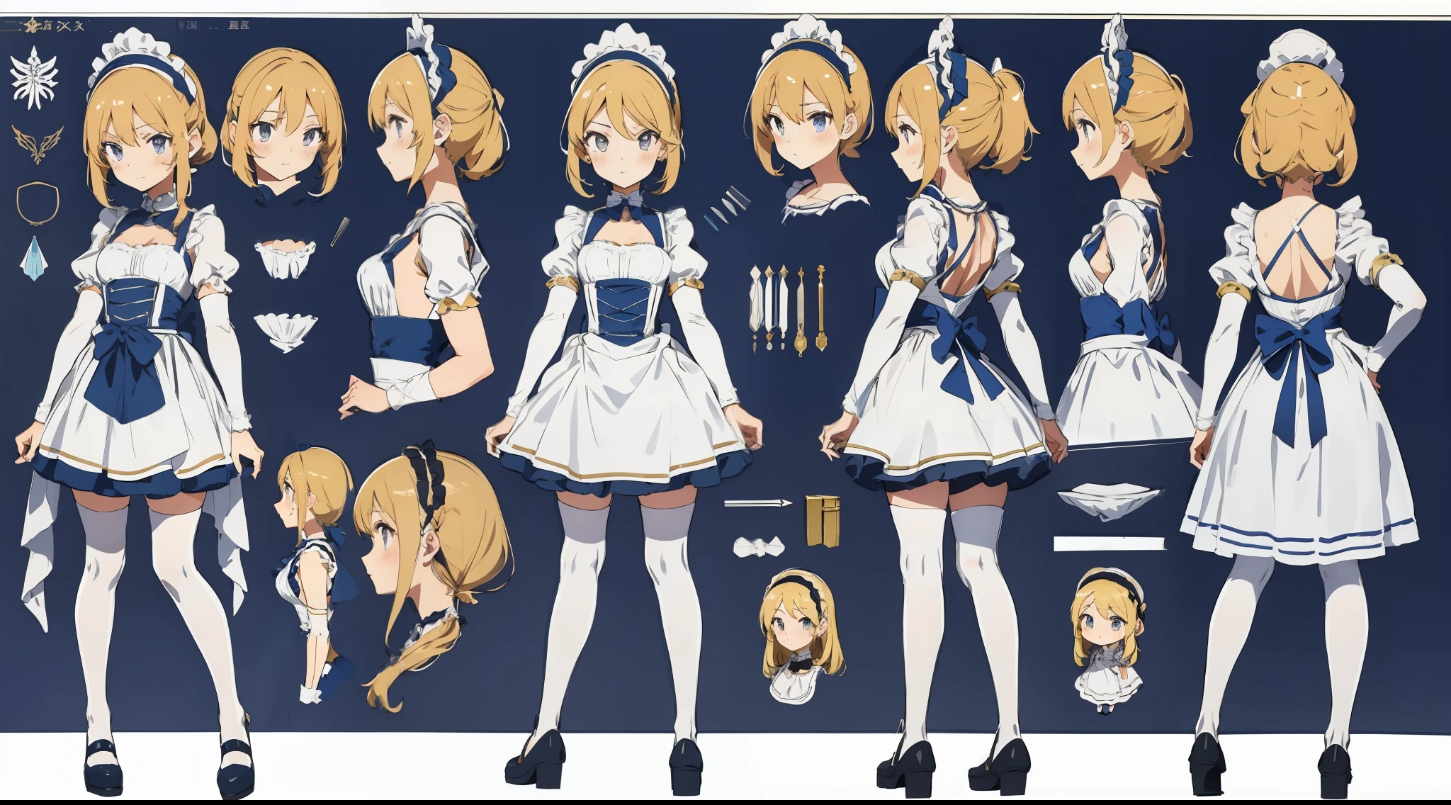 （CharacterDesignSheet,Same character full body,frontage,Lateral face,on  back)，（tmasterpiece，top-quality，best qualityer，offcial art，Beauty and aesthetics：1.2），（1girll），（the maid outfit，lace edge，maid cap：1.2），