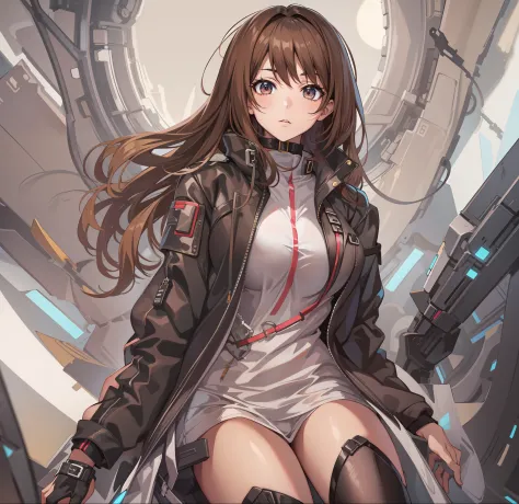 Create an artwork of an anime girl, wearing stylish and edgy futuristic clothing, brown hair, full body shot, sexy, seductive, l...