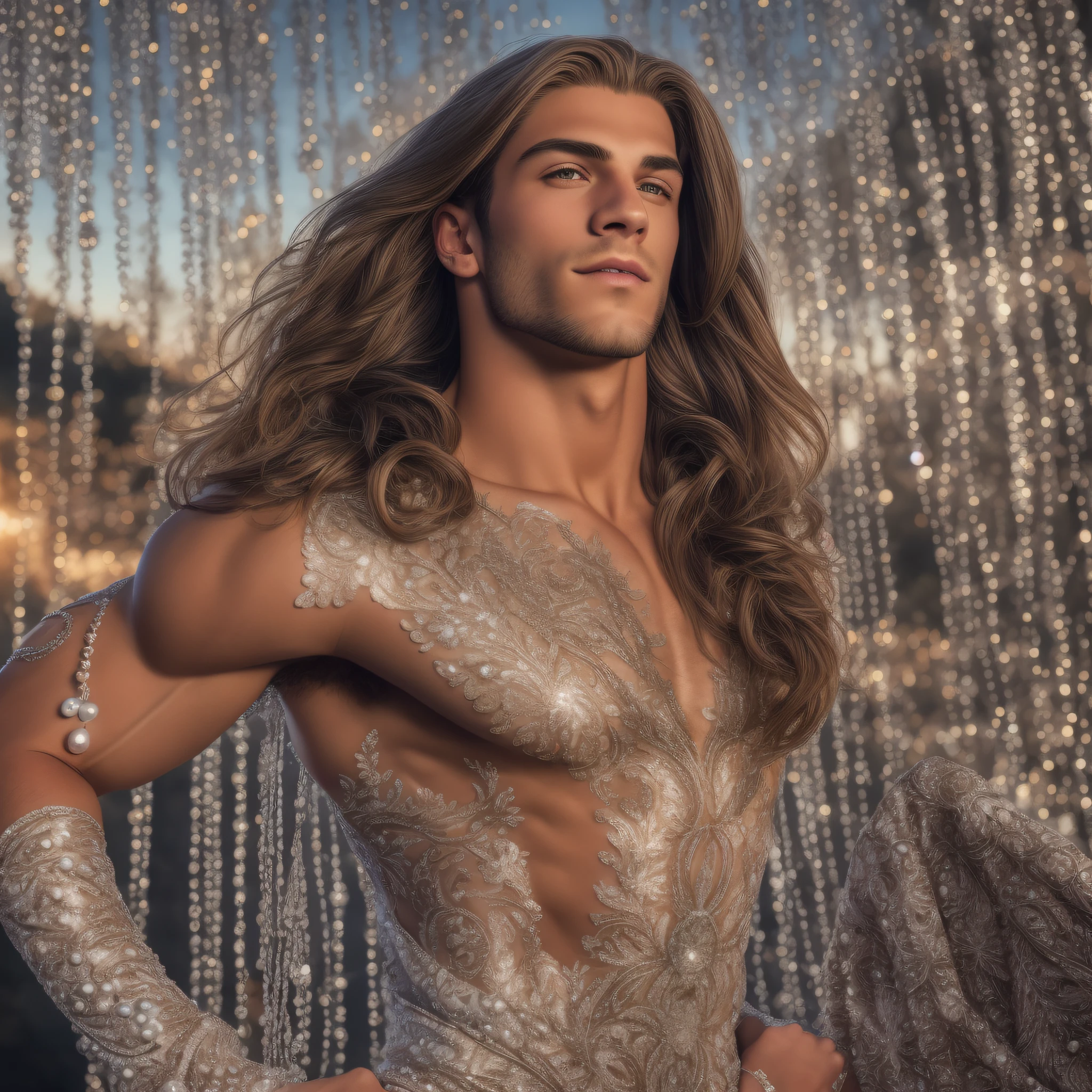 An 18-year-old boy bodybuilder, embodying the perfect fusion of Joey Lawrence and Cody Calafiore with long hair, exuding an aura of arrogance in a skintight silk top with sequins and diamond rhinestone, Enhanced with HDR technology, this image depicts a true masterpiece, 4K resolution, outdoor lighting, majestic pose, perfect muscle structure, in the style of Modern Bride Magazine, pearls, silk, diamonds, bridal gown vibes, upperbody close up