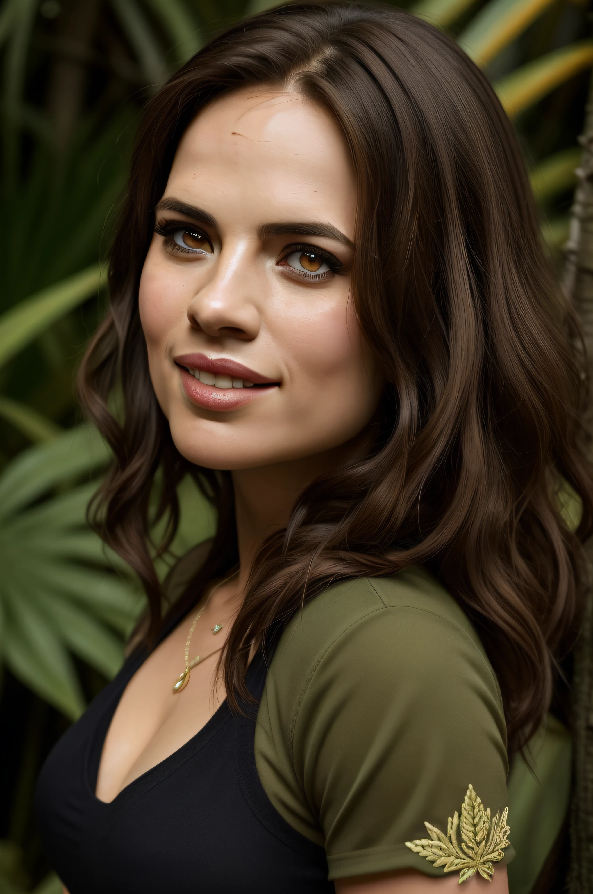 Mulher bonita, Hayley Atwell, Super heroi, vestindo um (Lara Croft Cosplay), Tomb Raider, Lindas pernas, (cabelos longos e cacheados), olhos detalhados, (rosto realista detalhado), corar, Sorriso confiante, Altamente detalhado, estilo de sessão de modelo, (papel de parede extremamente detalhado da unidade CG 8k), (tiro de corpo inteiro) foto da obra de arte mais bonita do mundo, selva, top model da moda, tendências no artstation, tendências na CGSociety, Intrincado, alto detalhe, foco nitído, dramático, arte de pintura fotorrealista no meio da jornada