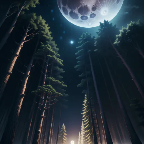 ​masterpiece、top-quality、hightquality、Highly detailed CG Unity 8K wallpapers、Highly detailed CG、high-resolution photo、4,0 million pixel photos、Professional camera work、In the dark forest、From the middle of the dark forest、Full moon directly above the fores...