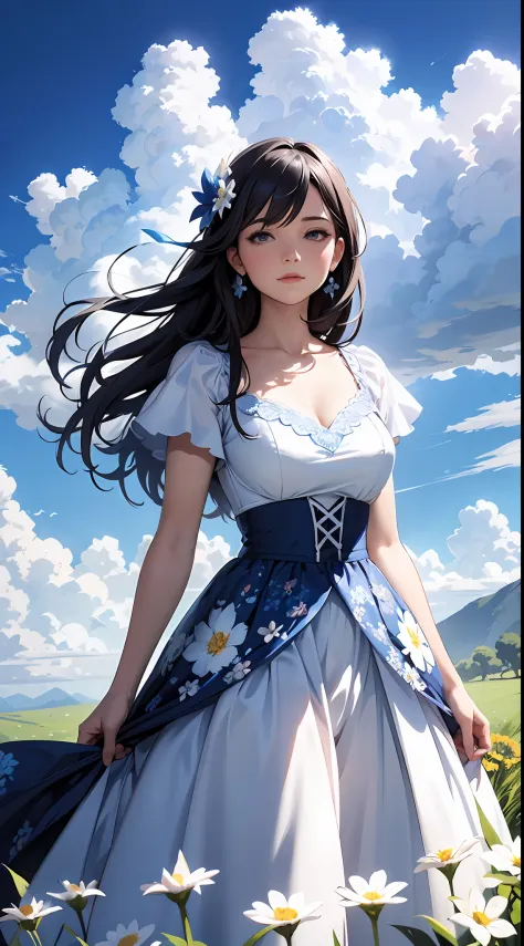 A woman in a white dress，Blue sky and clouds in background, wearing blue dress，There are flowers on it, Art germ, Rosla global lighting, a detailed painting, Fantasy art