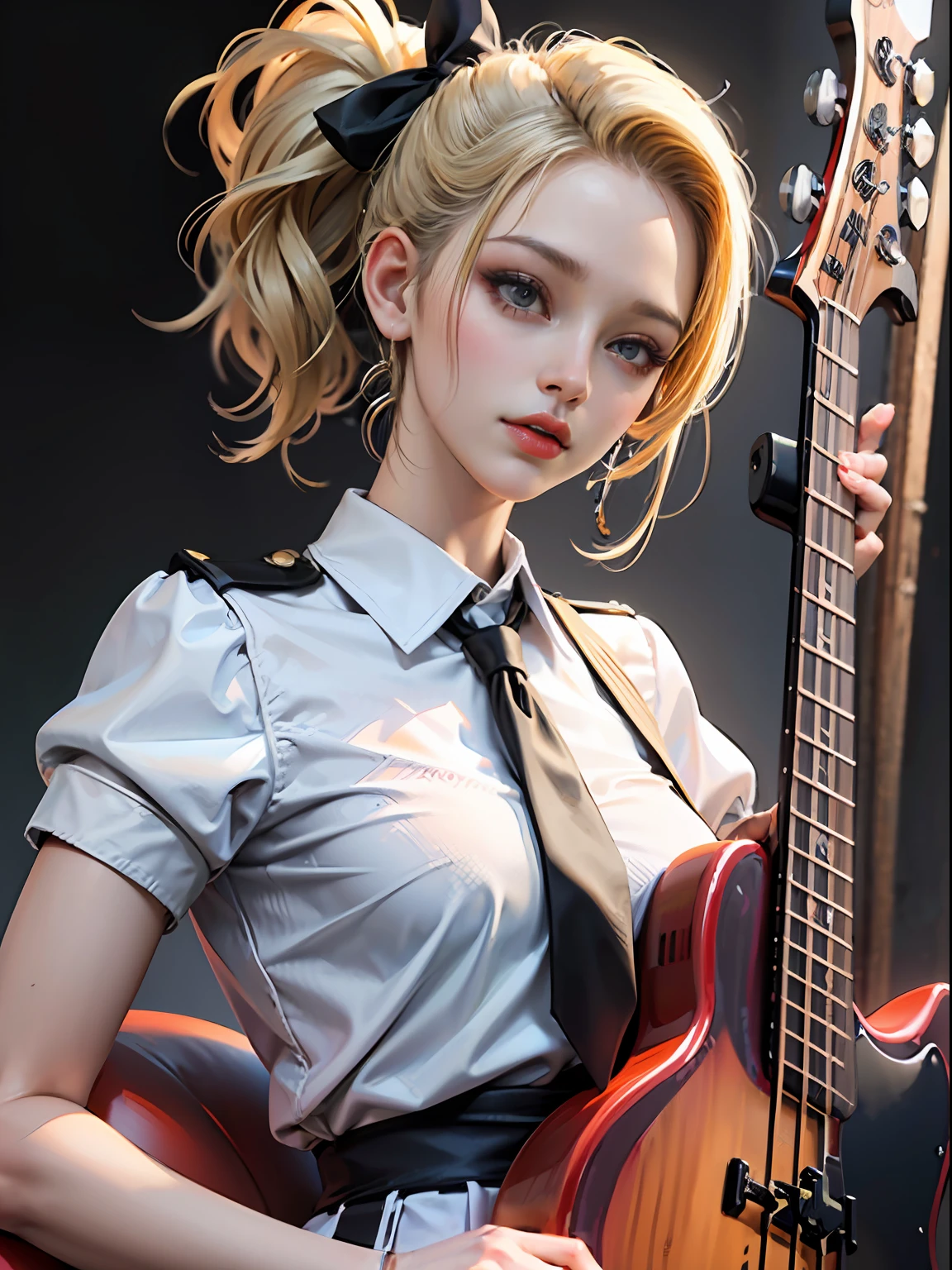 An 18-year-old woman,(hi-top fade:1.3),dyed blonde hair, (Play the electric bass, 4 strings), Dark theme, Muted colors, High contrast, (Tuttos skin texture, Hyper-Realism, Soft light, sharp), (White blouses、pleatedskirt、Ribbon Ties)