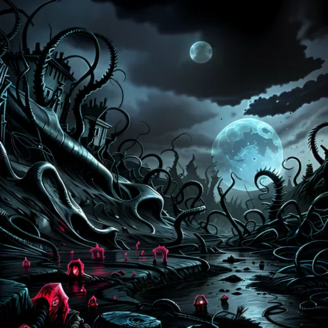 Madness evil landscape. Tentacles rising from the abyss, polluted river, macabre cemetery, bloody moon, unreal engine, UHD sketc...