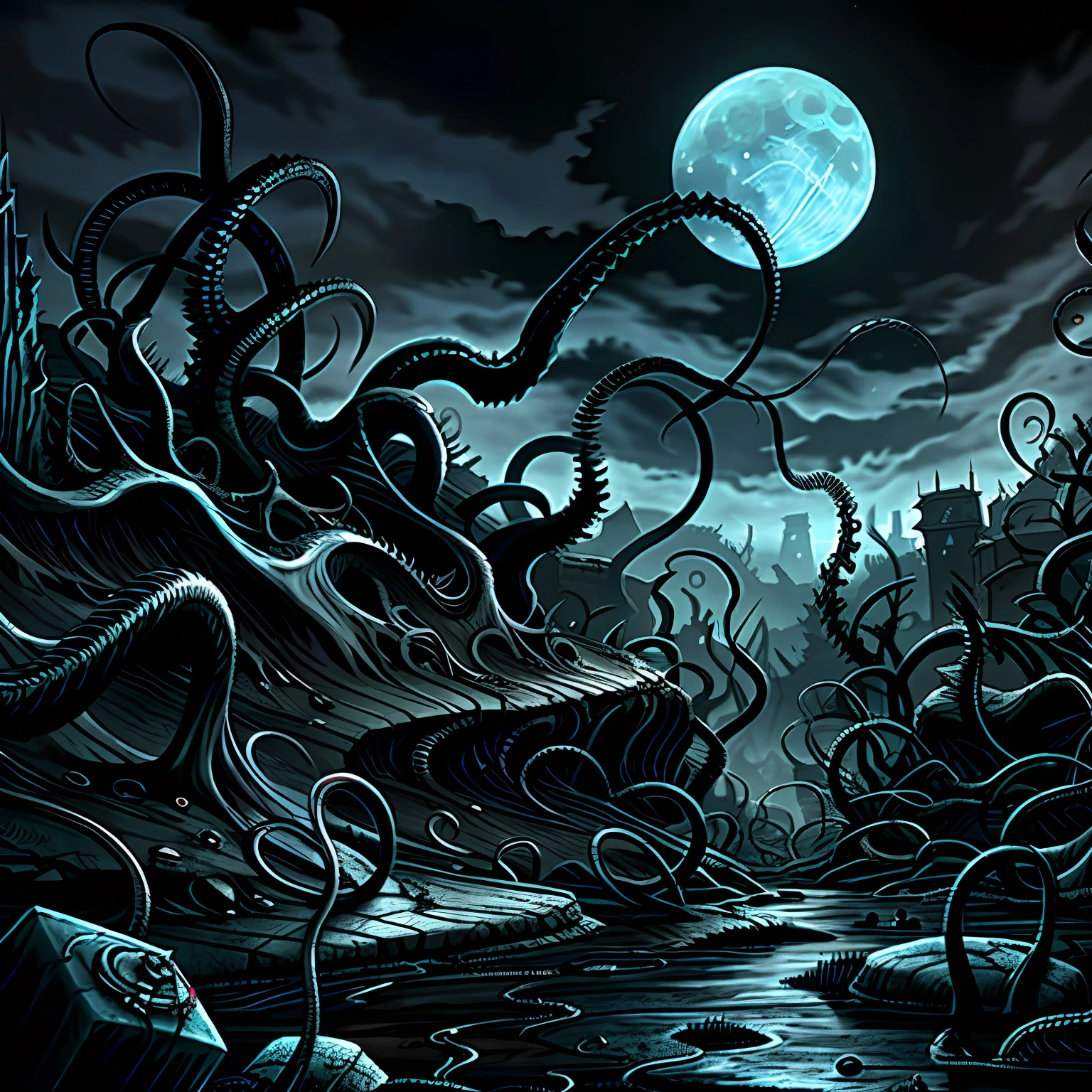 Madness evil landscape. Tentacles rising from the abyss, polluted river, macabre cemetery, bloody moon, unreal engine, UHD sketch color drawing