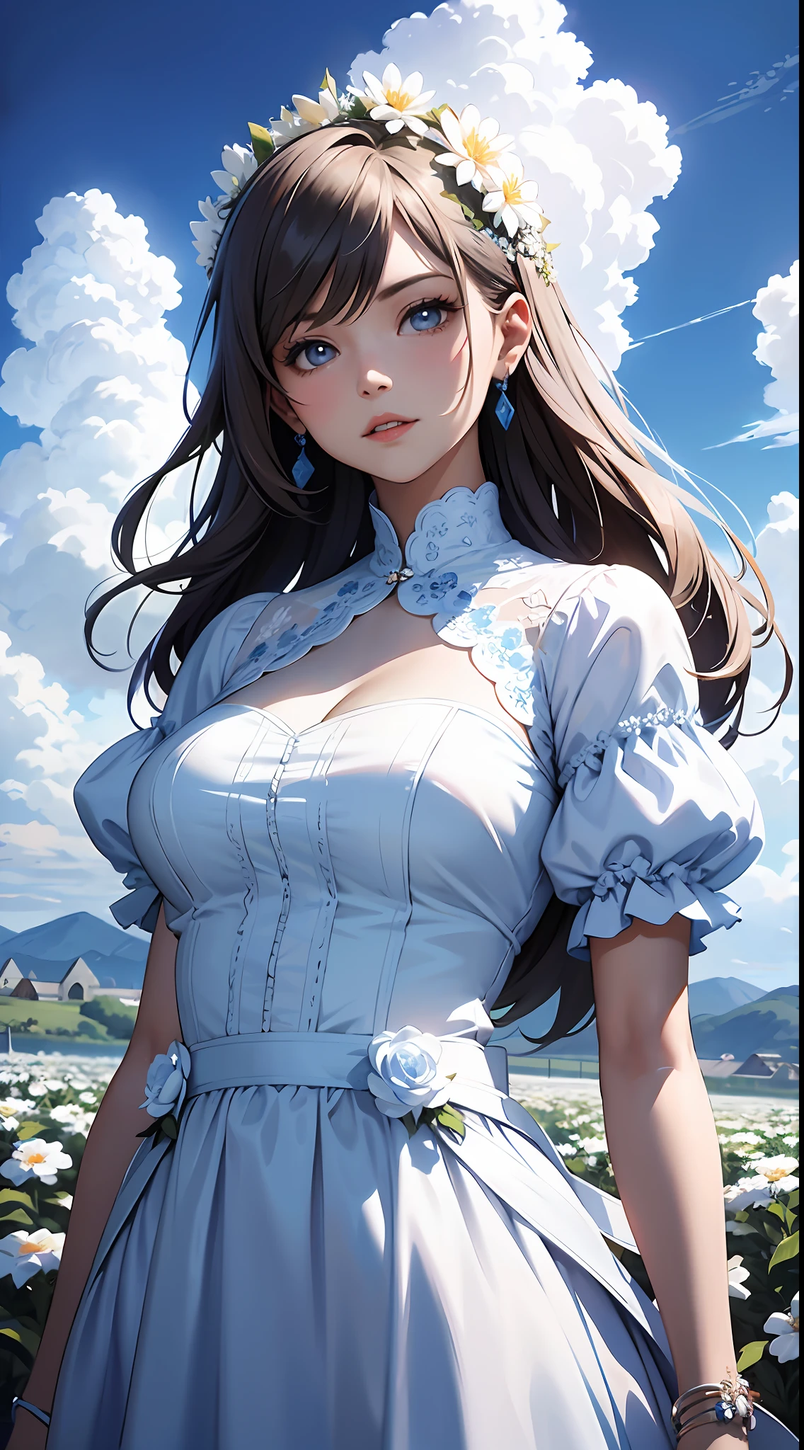 una mujer con un vestido blanco，Cielo azul y nubes en el fondo, vistiendo un vestido azul，Hay flores en el, germen de arte, Iluminación global Rosla, una pintura detallada, Arte De Fantasía