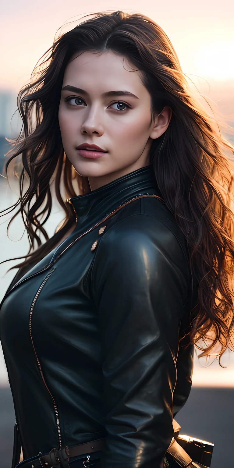 Full face portrait photo of 25 year old European girl, RAW, beautiful woman, semi-open strawberry lip, dimples, wistful expression, (extra long wavy brown hair), ((detailed face)), ((detailed facial features)), (fine detailed skin), pale skin, (detailed tech cyberpunk dress with deep neckline), Cyberpunk megacity environment, (cool colors), wet, damp, reflection, (masterpiece) (perfect proportions) (realistic photos) (highest quality) (detail) shot with Canon EOS R5, 50mm lens, f/2.8, HDR, (8k) (wallpaper) (cinematic lighting) (dramatic lighting) (sharp focus) (complex), raw photos, raw photos, gigachad photos, Camera Pose, Black Jeans, Back Arm, 8K UHD, DSLR, High Quality, Grain Film, Fujifilm XT3, Film Stock Photo 4 Kodak Portra 400 Camera F1.6 Lens Rich colors Ultra-realistic textures Dramatic lighting Unreal Engine Art Station Trends Cinestill 800 tungsten, toughboy style, Ultra focus face, intimidating, combat position, short messy hair, muscles, bursting veins, beads, black and long curly, ponytail,