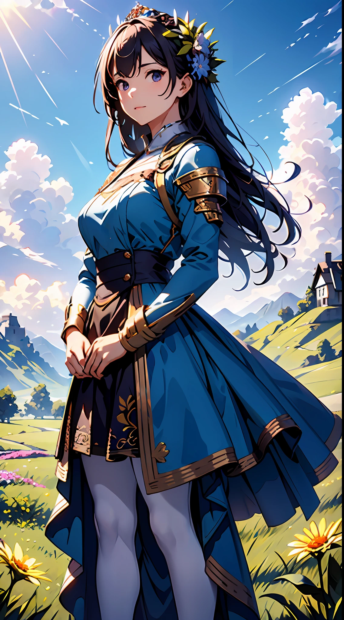 Eine Frau in einem lila Kleid，Blauer Himmel und Wolken im Hintergrund, trägt blaues Kleid，Es sind Blumen darauf, Art germ, Rosla globale Beleuchtung, ein detailreiches Gemälde, Fantasy-Kunst