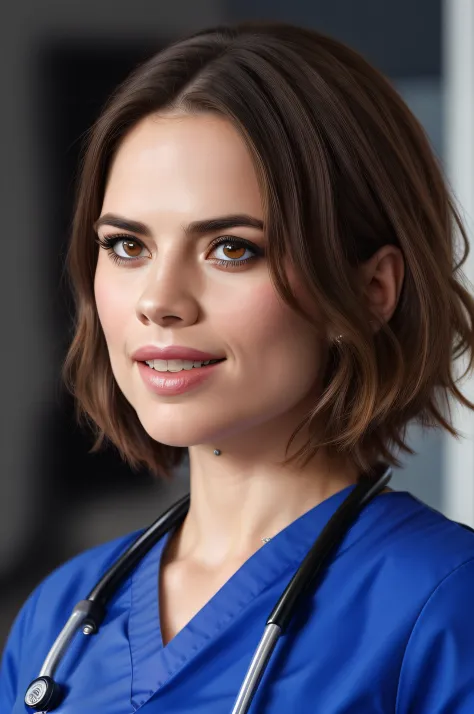 Beautiful woman, Hayley Atwell, wearing (blue hospital scrubs), beautiful legs, (short pixie hair), detailed eyes, (detailed rea...